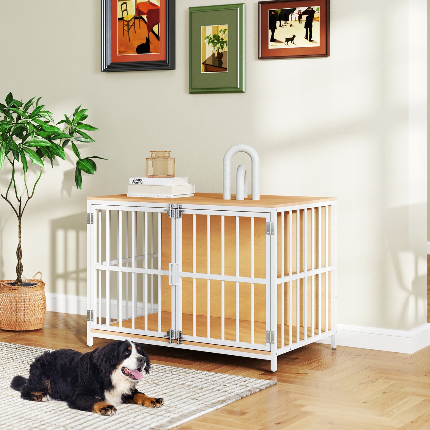 100 cm Heavy-duty Dog Crate Furniture with Dual Lockable Double Doors-Natural