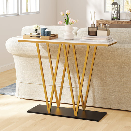 100cm Gold Entryway Table Console Table with Faux Marble Table-White
