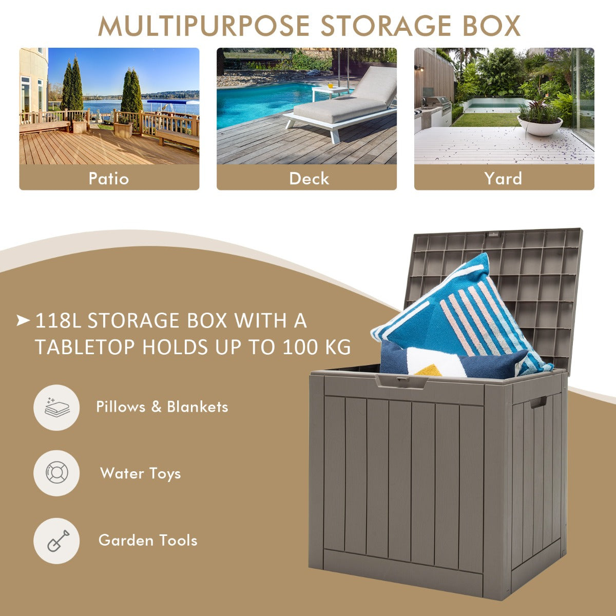 Costway 118L Deck Box for Patio Tools-Gray