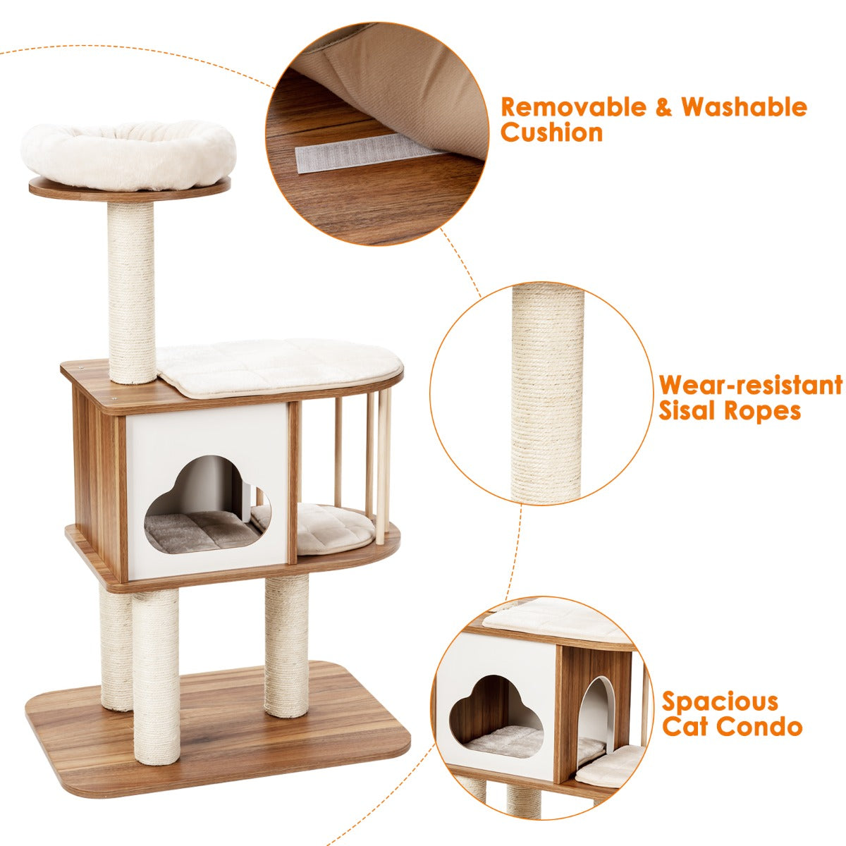Easy-assemble cat tree with soft cushions, scratching rope, and reliable stability for playful cats