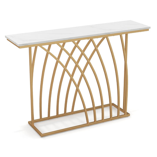 Costway 120cm Gold Console Table with White Faux Marble Tabletop