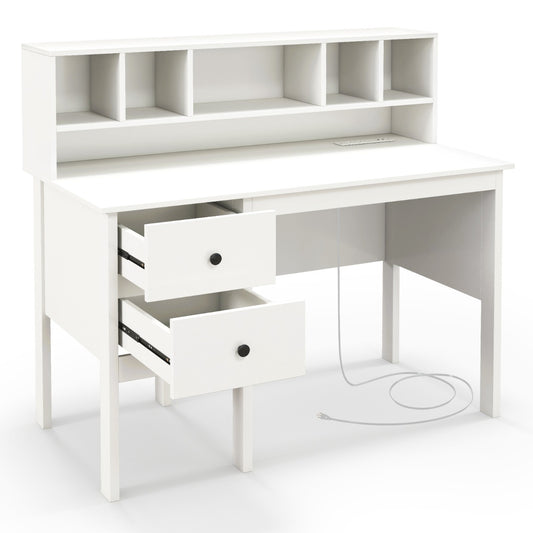 Costway 120cm Writing Desk with USB Charging Ports and Drawers-White