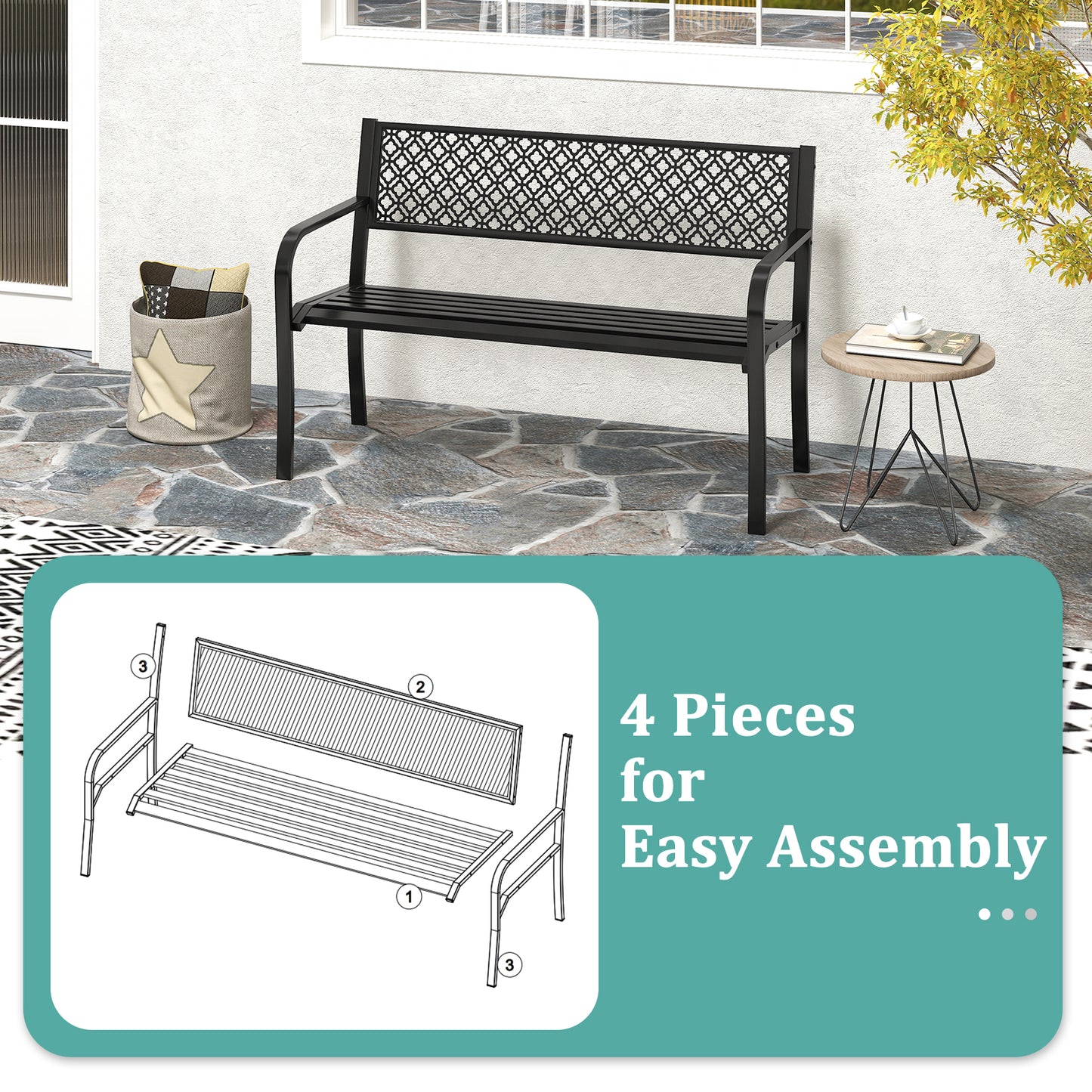 127cm Outdoor Garden Bench Metal with Geometric Lattice Backrest-Black