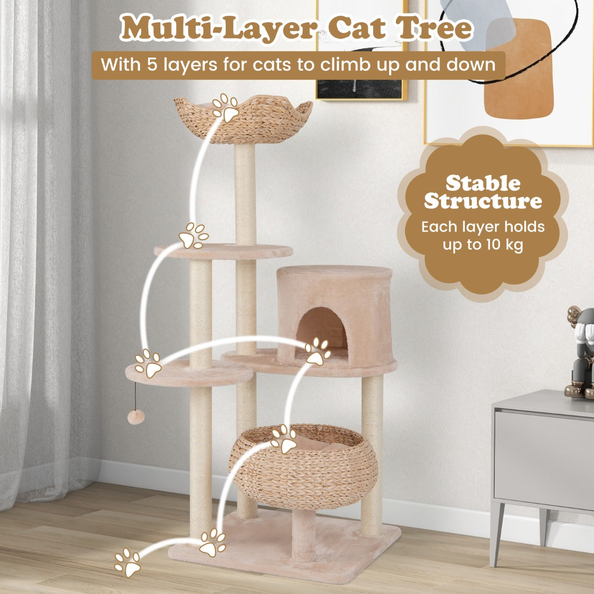 Stylish natural cattail finish complements home decor while offering cats five climbing layers