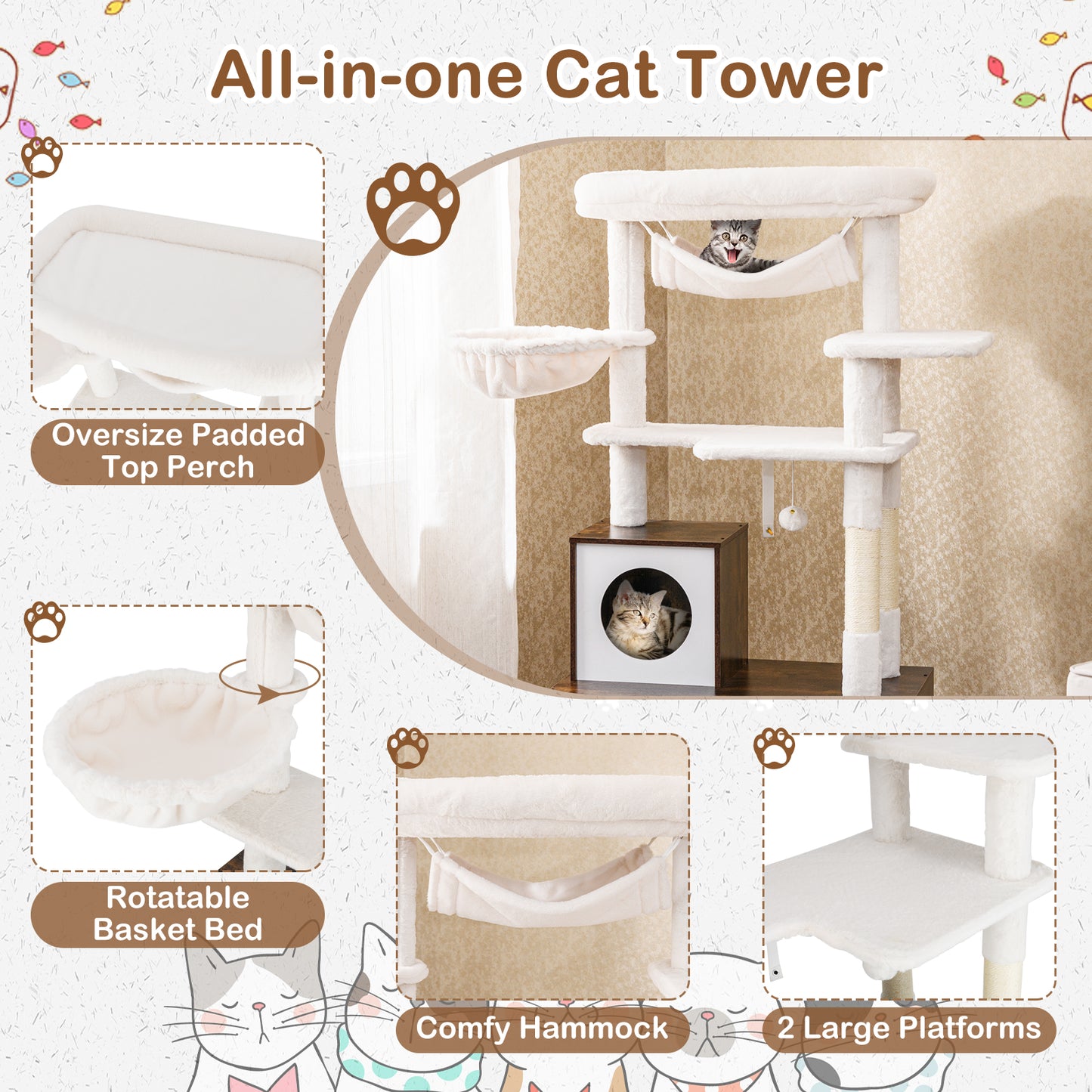 150 cm Cat Tree with Litter Box Enclosure Hidden Washroom-Brown