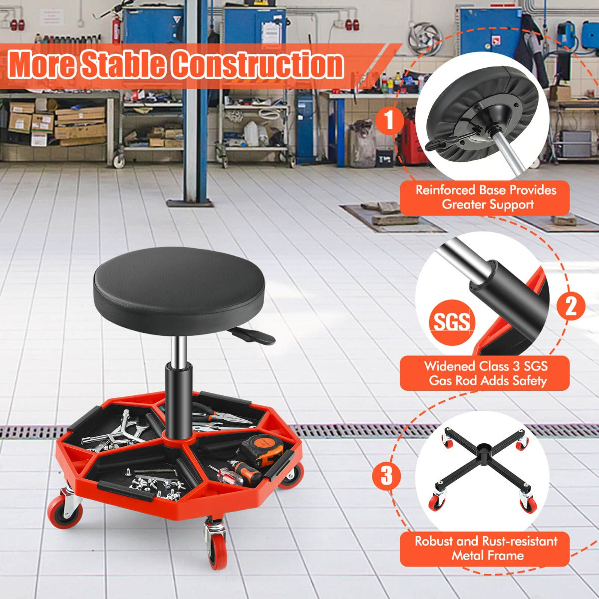 150 KG Capacity Pneumatic Rolling Mechanic Stool with Tool Tray-Red