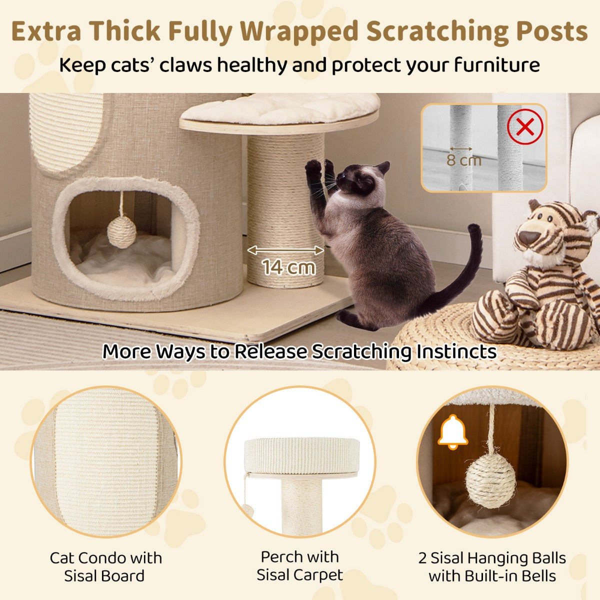 Durable bamboo mat, faux linen, plush and sisal materials support comfortable daily use