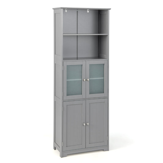 Two open shelves and two frosted tempered-glass cabinets provide flexible storage for towels, toiletries and supplies