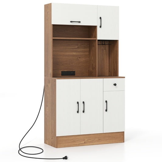 167cm Tall Pantry Cabinet with Hutch and Power Outlets-Natural