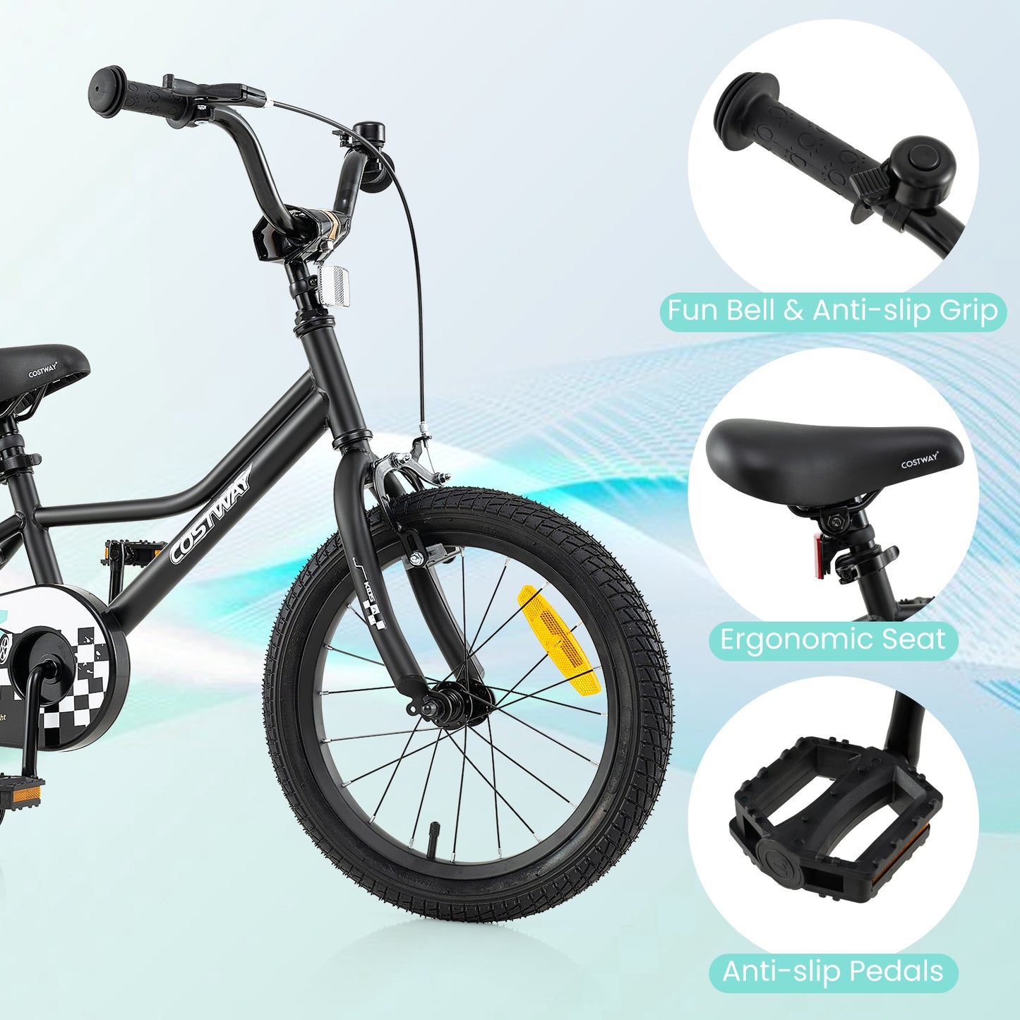 14/16/18 Inch Kids Bike with Removable Training Wheels and Adjustable Seat-Black-16 inches
