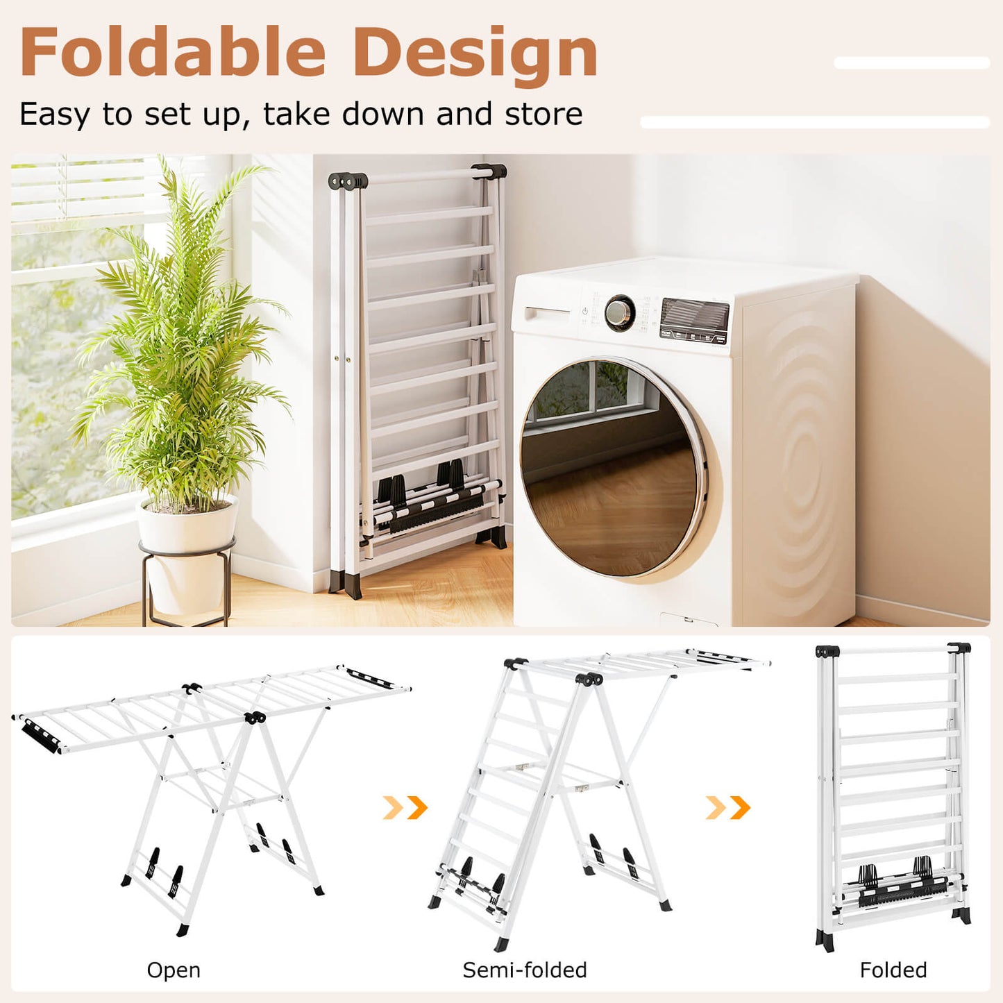 180cm Foldable Metal Laundry Drying Rack with Height Adjustable Wings-White