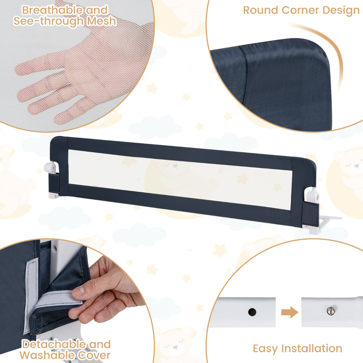 180cm x 42cm Foldable Bed Rail with Adjustable Safety Strap for Toddlers-Blue