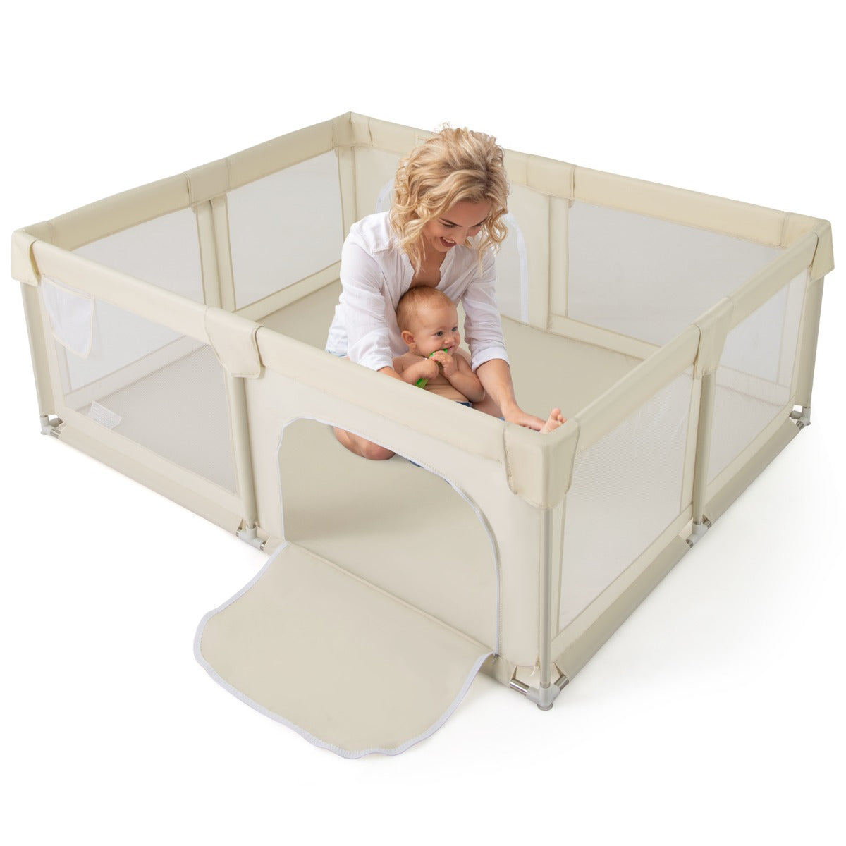 190 x 150 CM Large Baby Playpen with Breathable Mesh and Zipper Doors-Beige