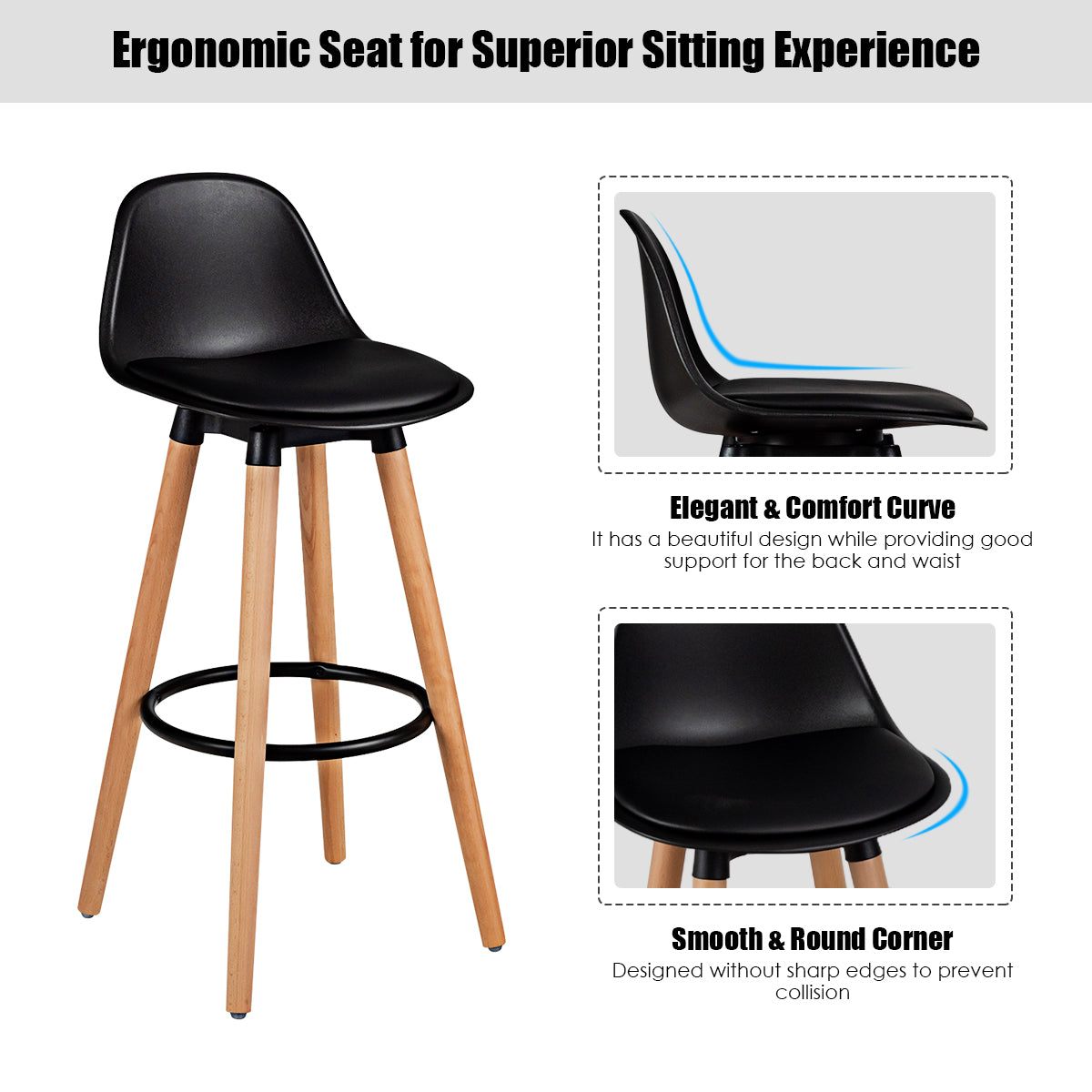 2Pcs PU Leather Bar Stools with Round Metal Footrest-Black