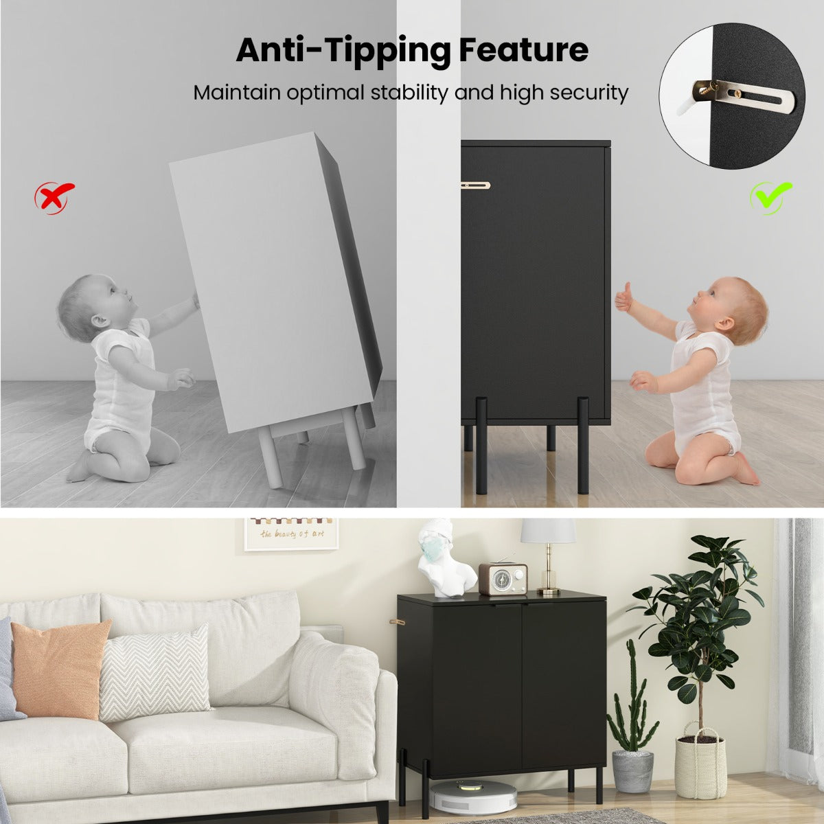Costway 2-Door Buffet Cabinet with Anti-Tipping Kits for Dining Living Room Entryway-Black