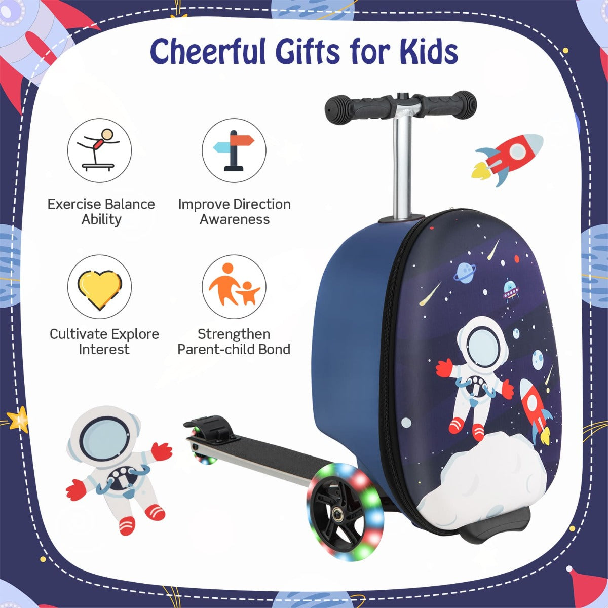 Costway 2-IN-1 Skateboard Luggage with 3 Color Lighted Wheels for Kids-Blue & White