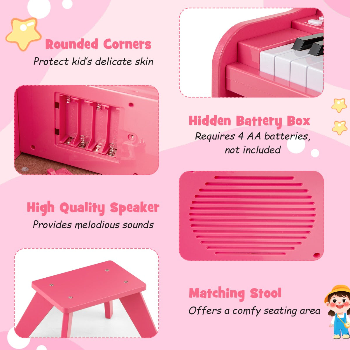 25 Keys Kids Piano Keyboard with Stool-Pink
