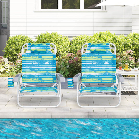 2 Pack Folding Beach Chair Adjustable with Head Pillow and Towel Bar-Green