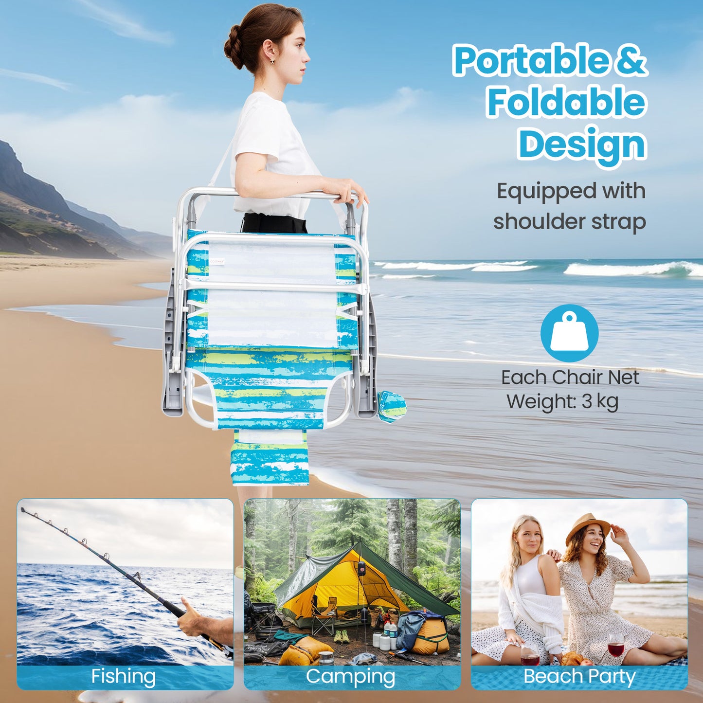 2 Pack Folding Beach Chair Adjustable with Head Pillow and Towel Bar-Green