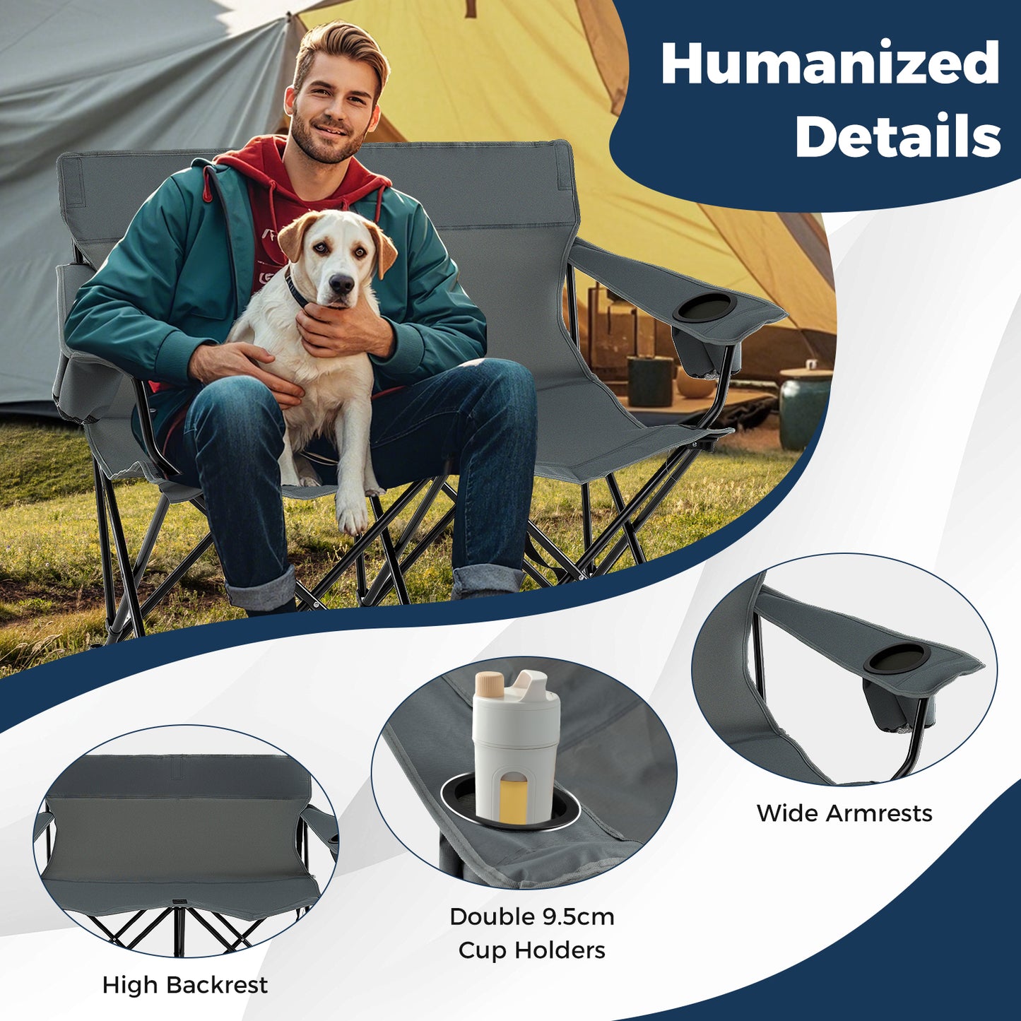 Double Camping Chair 2-Person Outdoor Folding Love seat with Cup Holders-Grey