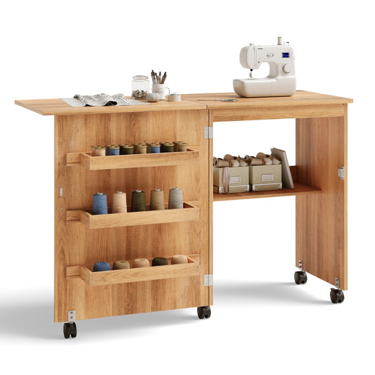 Costway 2-In-1 Multifunctional Sewing Machine Cart Table with Lockable Casters-Natural