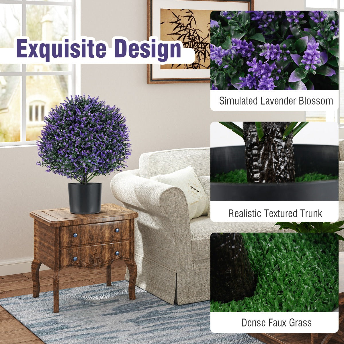 2 Pack Faux Shrub Bushes with Flowers and Plastic Nursery Pot-Purple