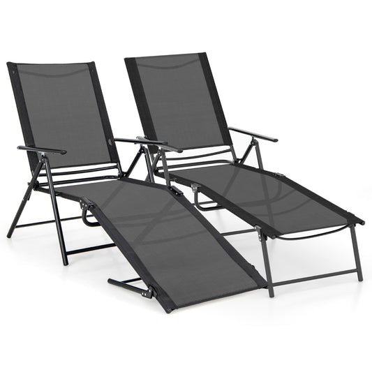 Costway 2 Piece Patio Folding Chaise Lounge Chairs with 6-Level Backrest-Black
