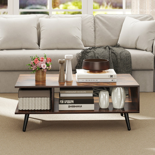 2-tier Coffee Table with 2 Open Shelves and Heavy-duty Metal Frame-Rustic Brown