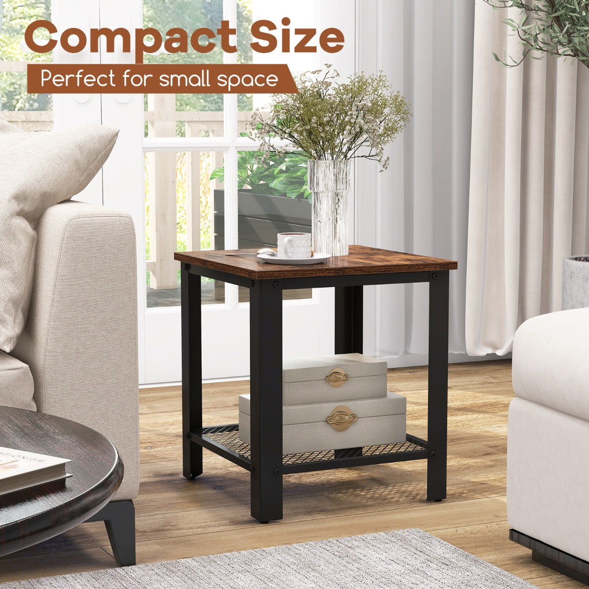 Stable industrial side table with adjustable feet to prevent wobbling on uneven floors