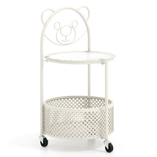 Costway 2-Tier Mobile Glass Coffee Table with Bear Pattern-White