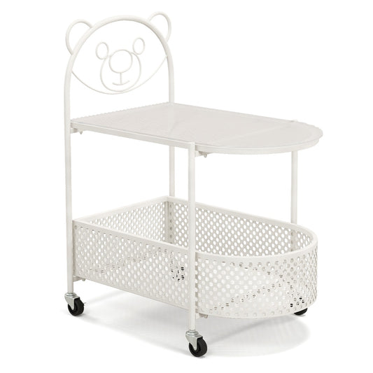 Costway 2-Tier Mobile Glass Coffee Table with Bear Pattern and Storage Basket-White