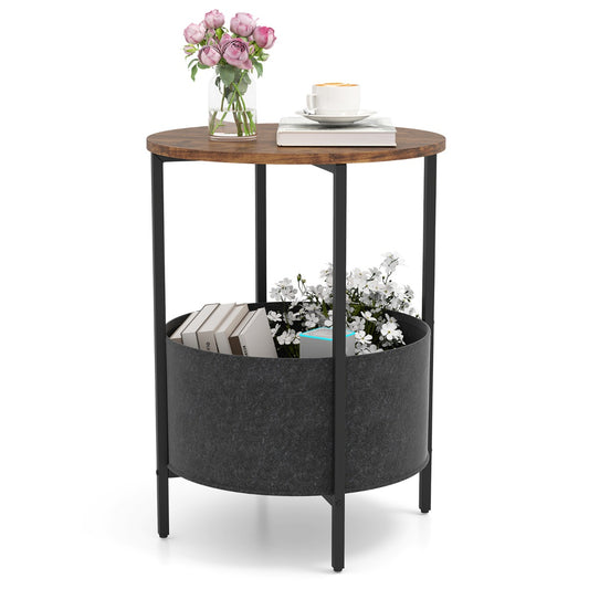 2-Tier Sofa Side Round End Table with Fabric Storage Basket-Rustic Brown