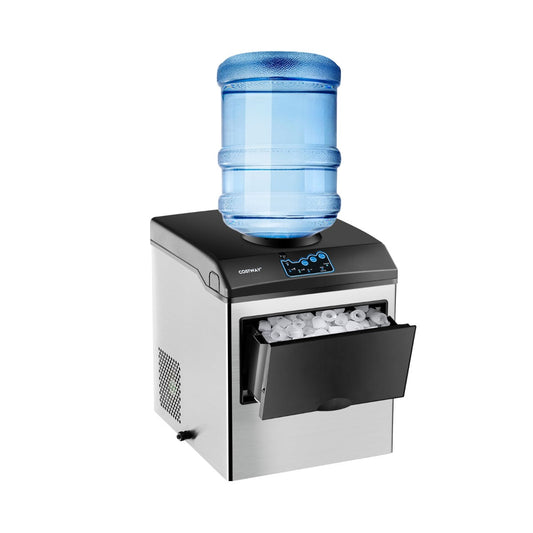Compact silver and black ice maker with extendable spout for convenient cold water dispensing