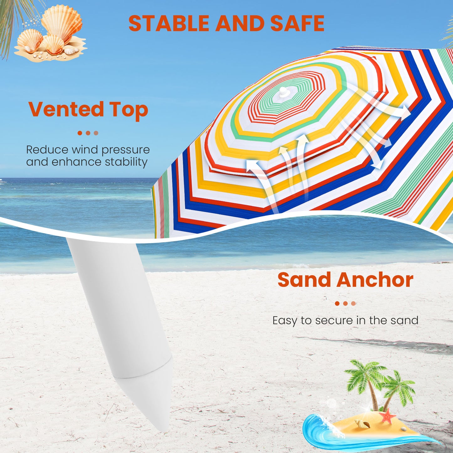 2m Beach Umbrella UPF50+ Sun Protection Portable Outdoor Sunshade Parasol-Colourful