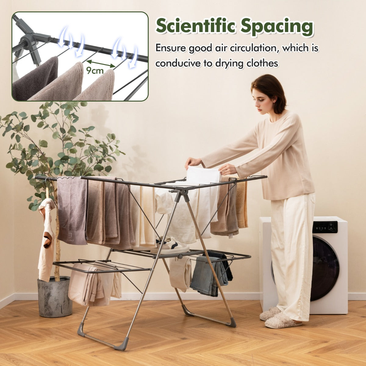 2-Tier Clothes Drying Rack Foldable with Adjustable Gullwings and Sock Clips