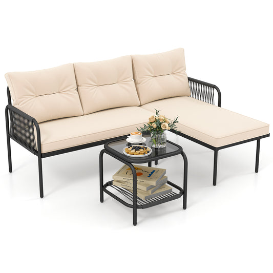 3-Piece Patio Sectional Sofa Set Outdoor L-Shaped Furniture Set-Beige