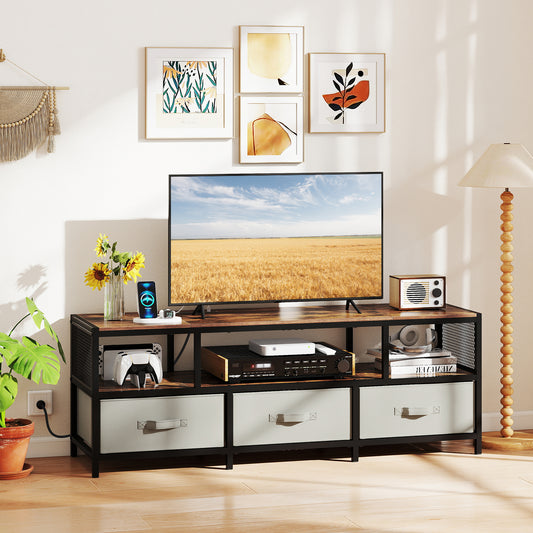 3-Tier TV Stand for TVs up to 65 Inch with Power Outlets USB Charging-Rustic Brown