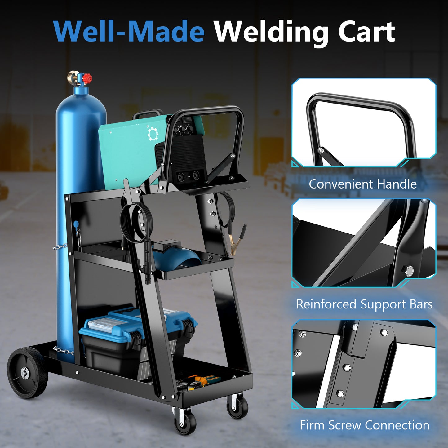 3-Tier Welding Cart Rolling Welder Cart with Tilt-Table and 4 Wheels