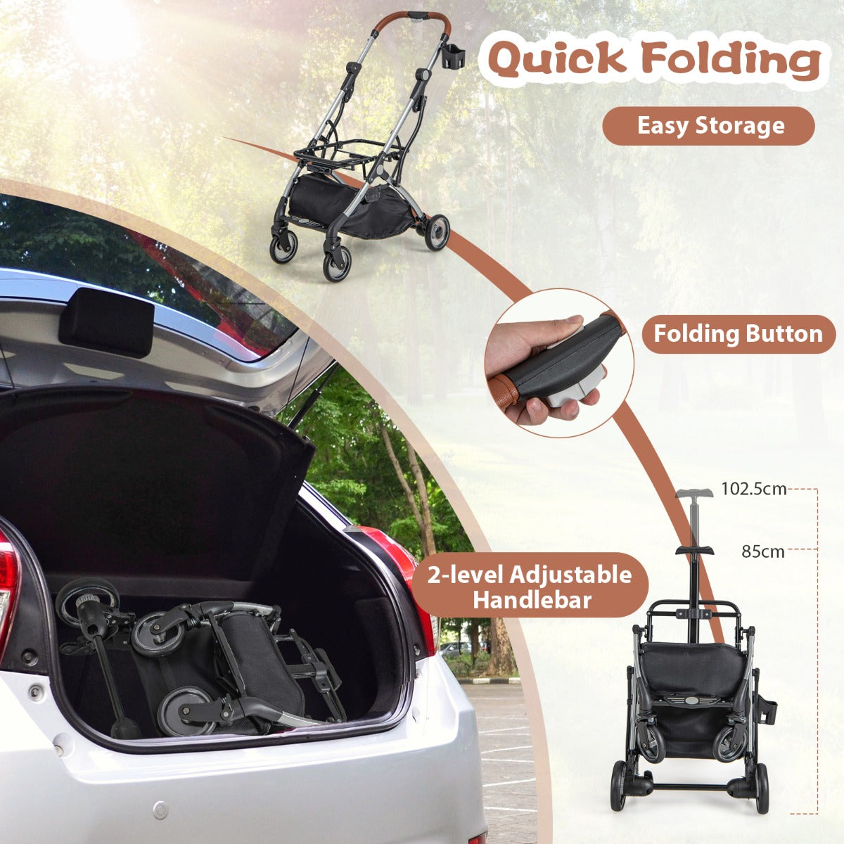 Single-button folding design and compact size make this pet stroller easy to transport and store