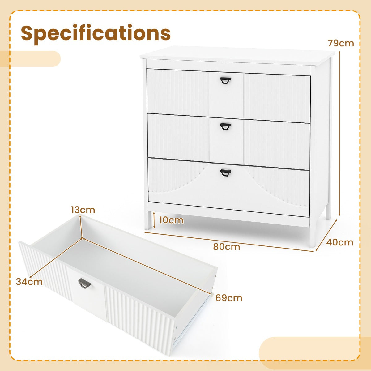 Modern 3-Drawer White Dresser with 60 kg Capacity, MDF Construction