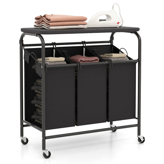 Costway 3-Section Laundry Sorter Cart with Ironing Board and Lockable Wheels-Black