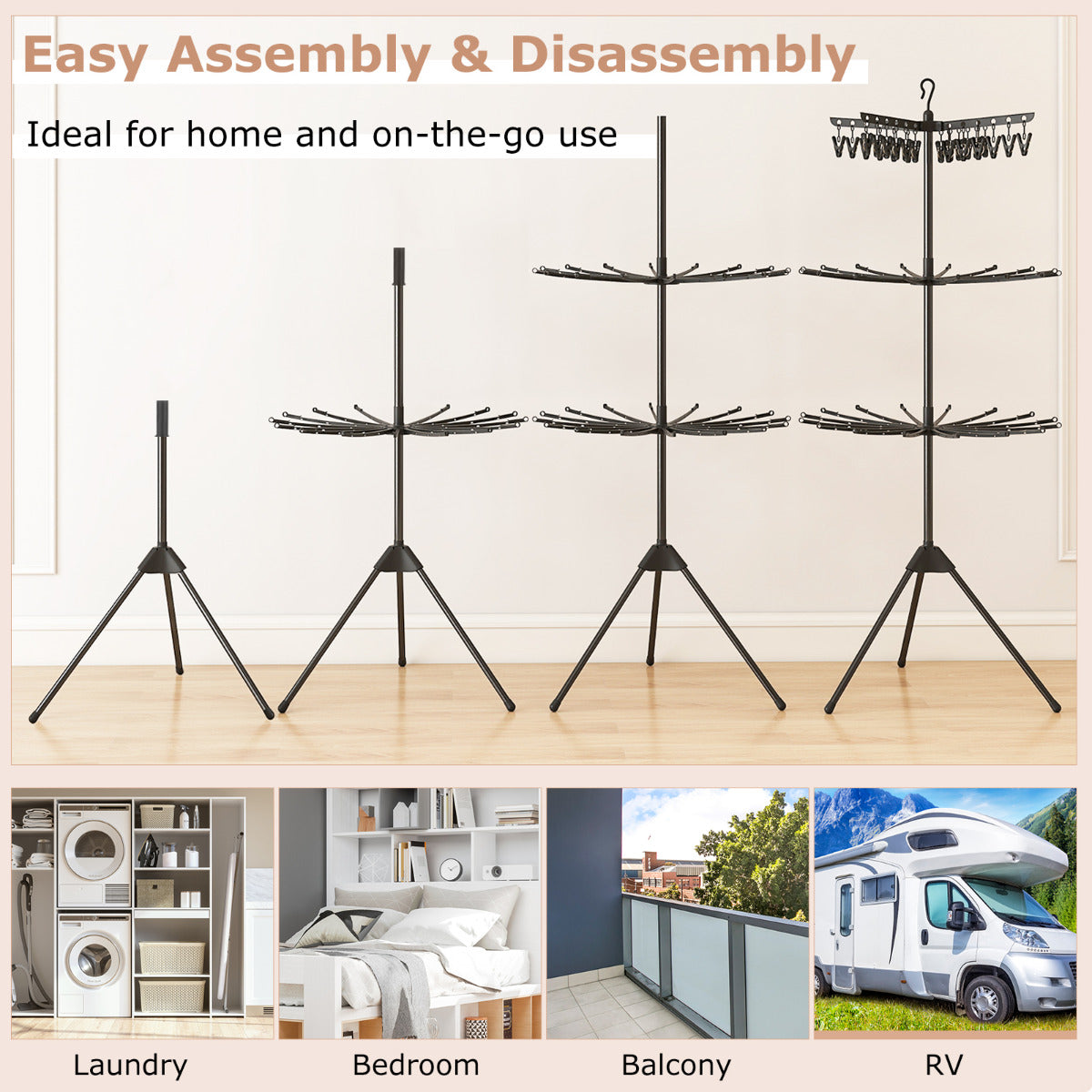 3-Tier Folding Clothes Drying Rack with 24 Clips and 32 Rods-Black