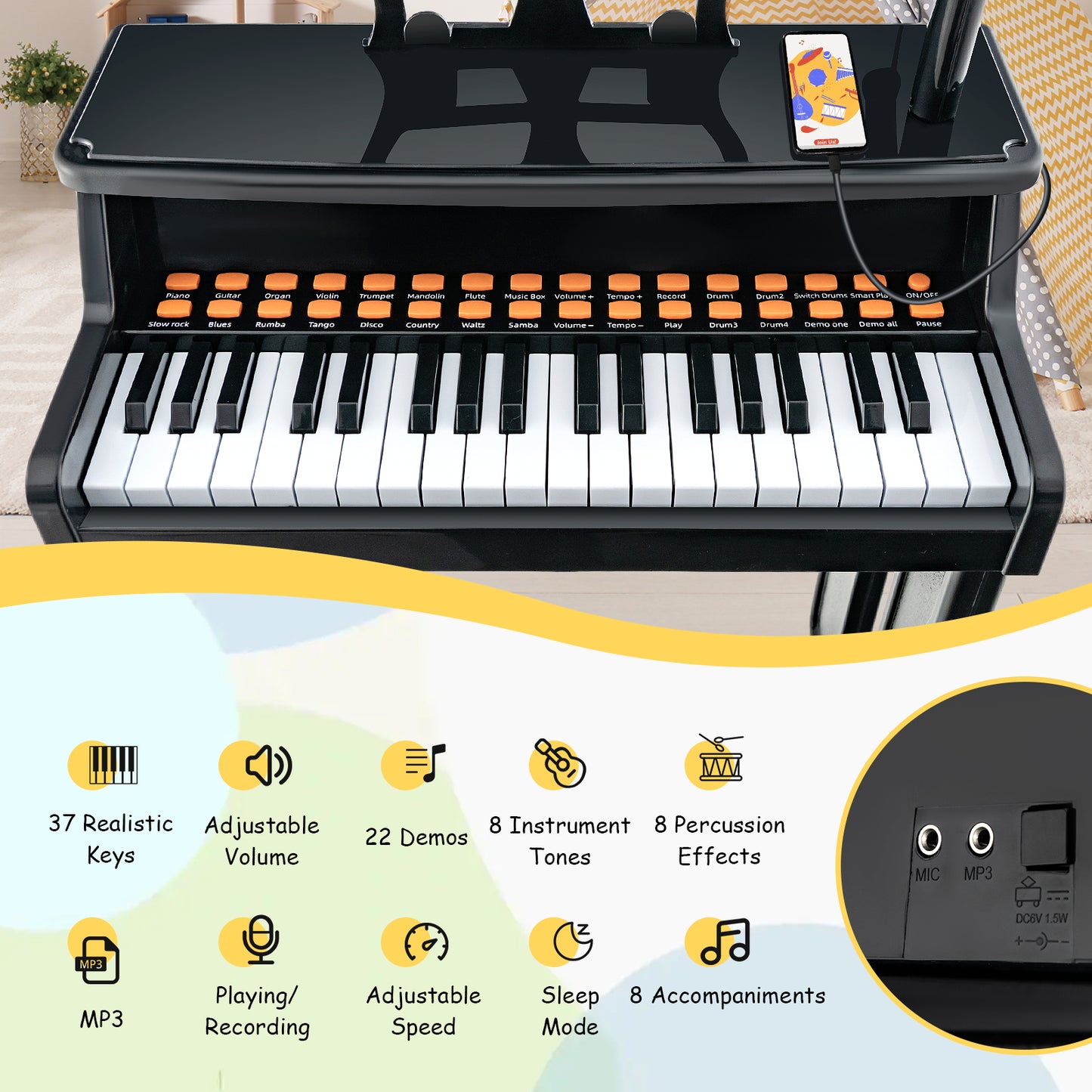 37-Key Electronic Piano Keyboard Toy with Adjustable Microphone-Black
