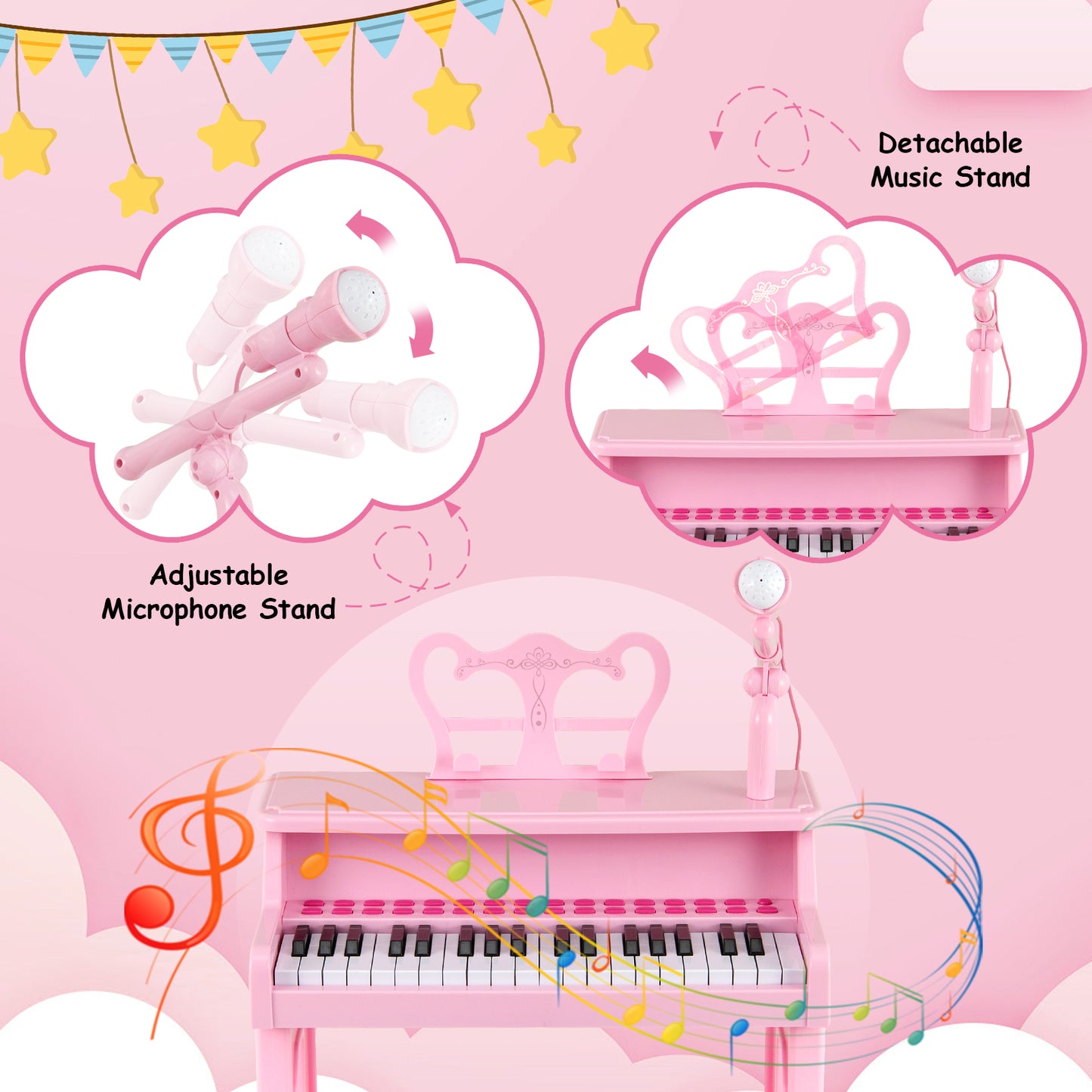 37-Key Electronic Piano Keyboard Toy with Adjustable Microphone-Pink