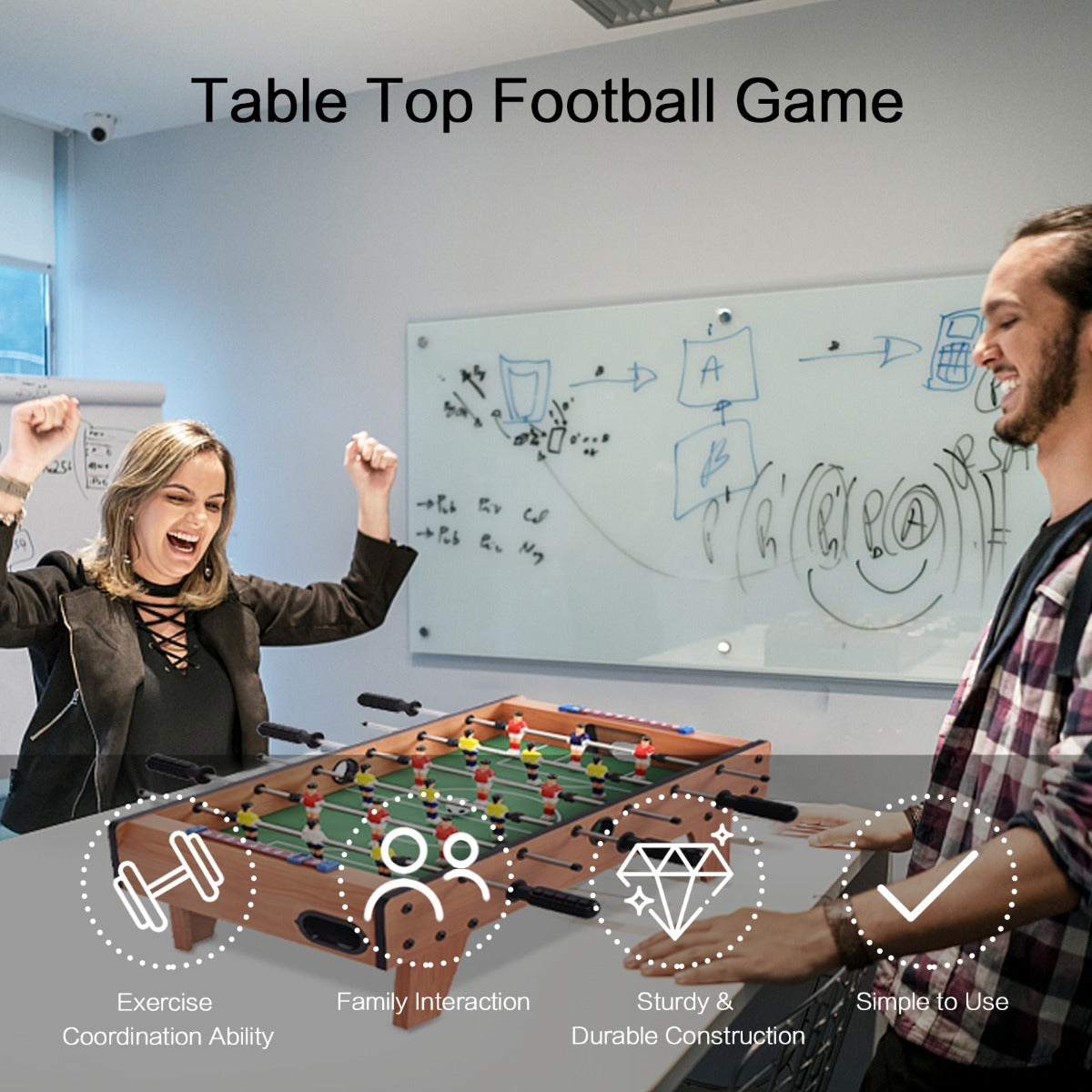 Easy-assembly tabletop soccer game that brings hands-on family fun to living rooms, bars, and parties