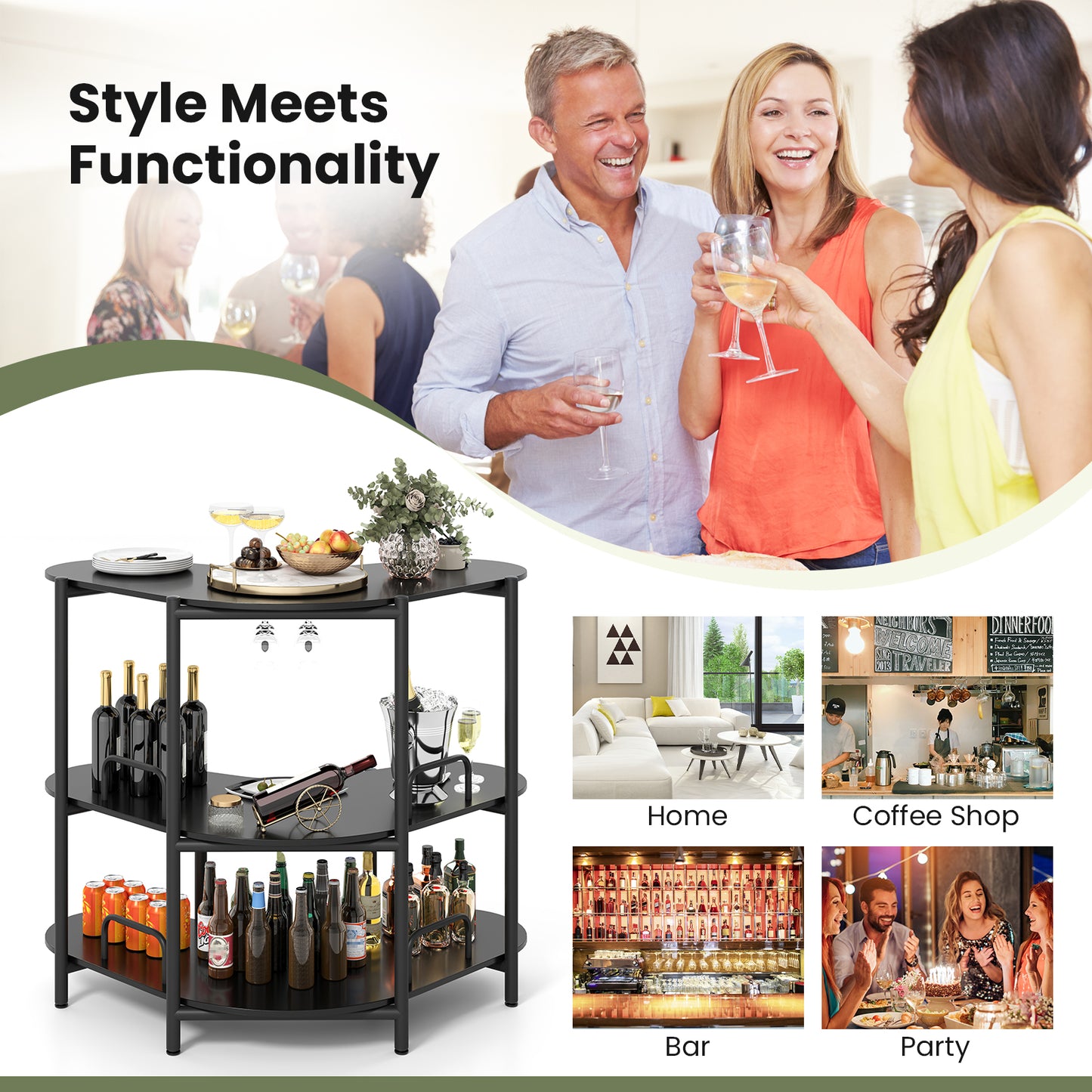 3 Tier Corner Bar Table with Wine Glasses Holder and Proper Height-Black