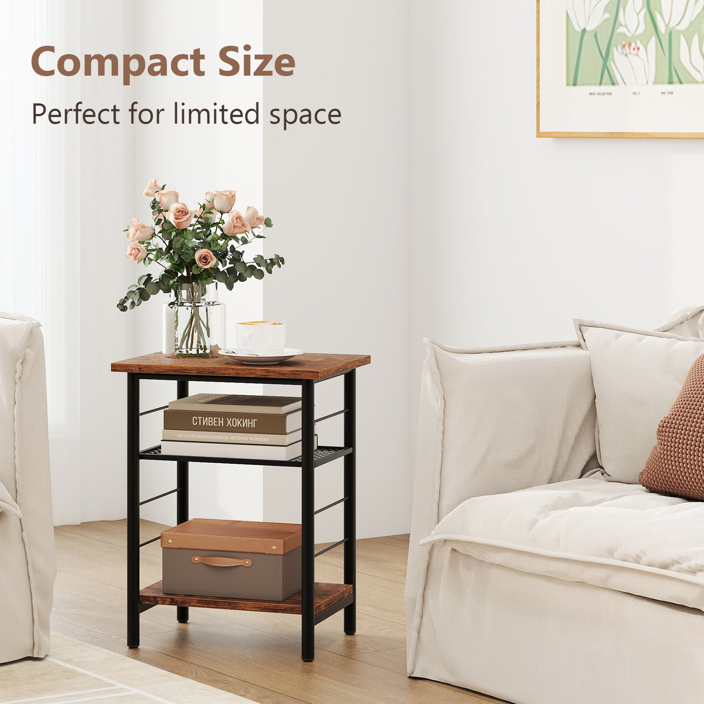 3-Tier End Table Set of 2 with Storage Shelves-Rustic Brown-2 pieces
