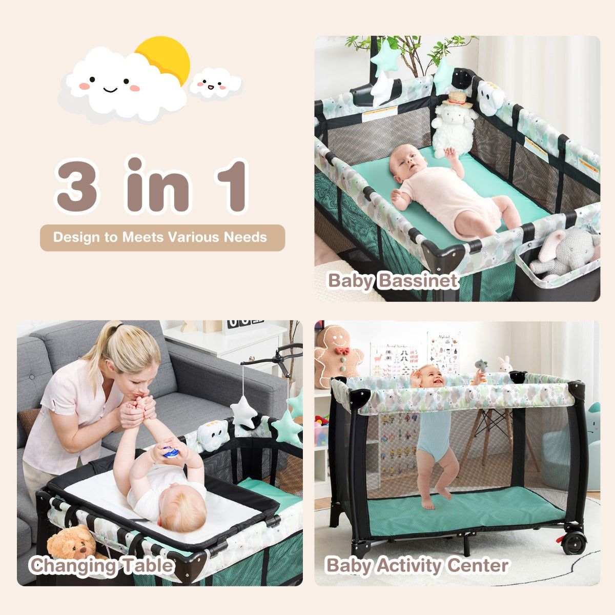 3 in 1 Baby Portacot with Changing Table & Carry Bag