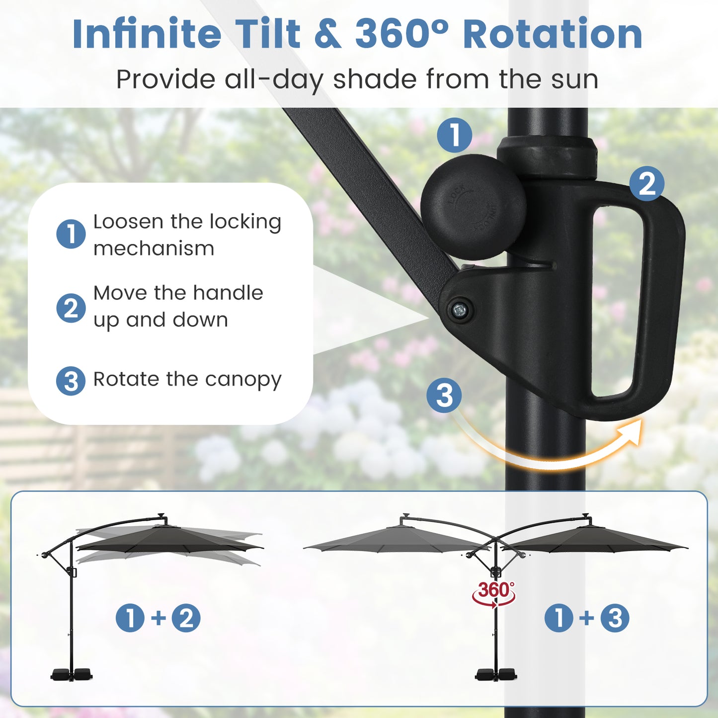 3 m Patio Solar Offset Hanging Umbrella with Base and LED Lights-Grey
