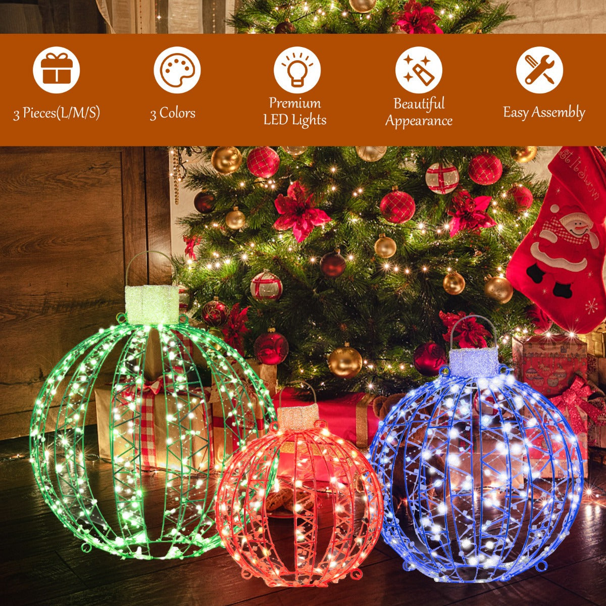 Indoor and outdoor holiday light globe ornaments with durable frames, adapter, straps and ground stakes